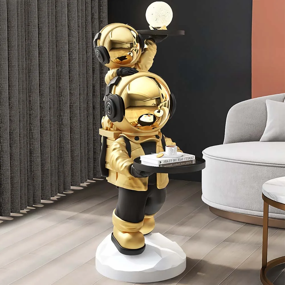 Silver Astronaut Side Table Floor Sculpture Modern End Table with Tray Top — image 4