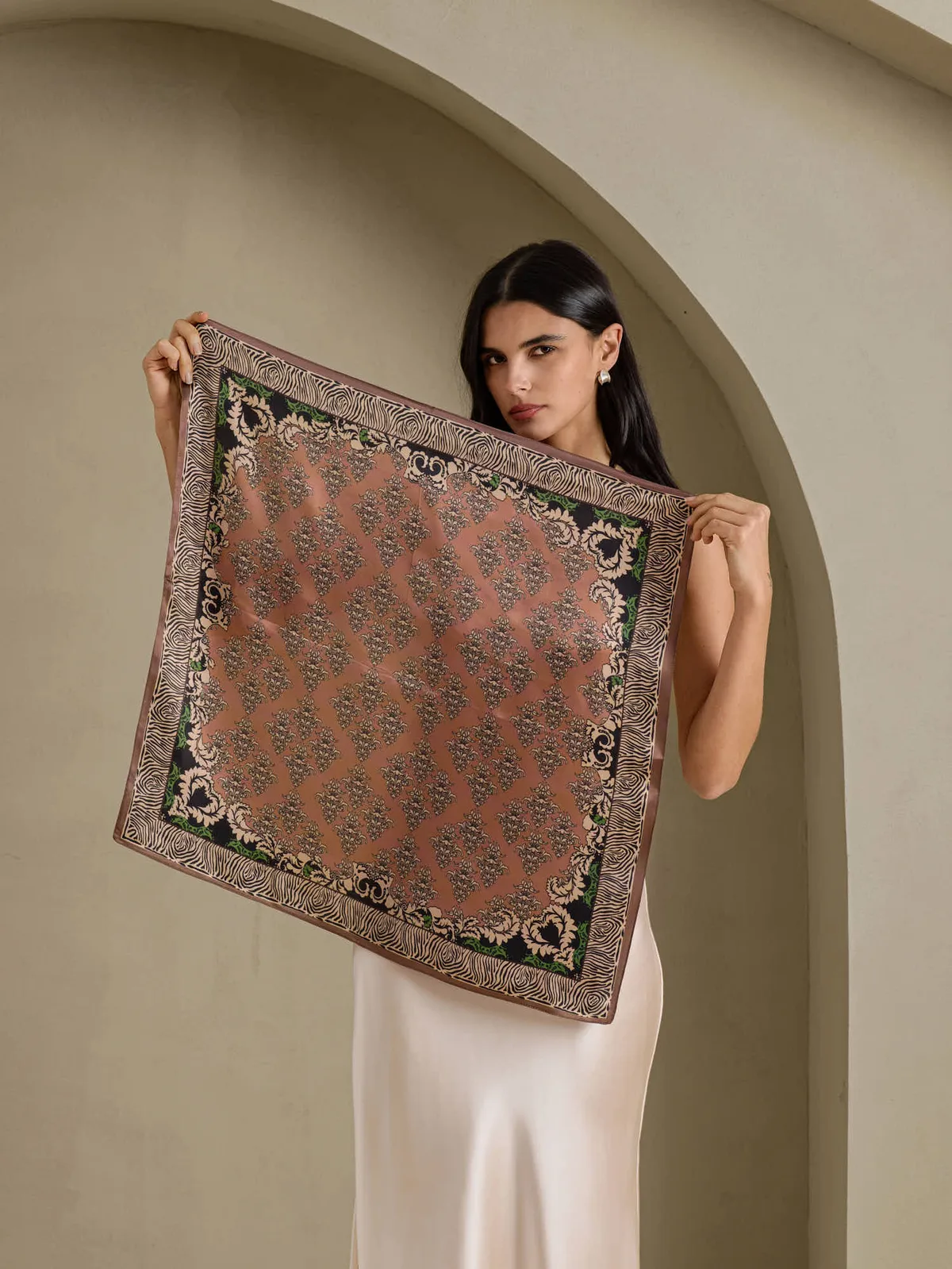 Pure Silk Damask Floral Print Square Scarf - Size 70x70cm — image 3