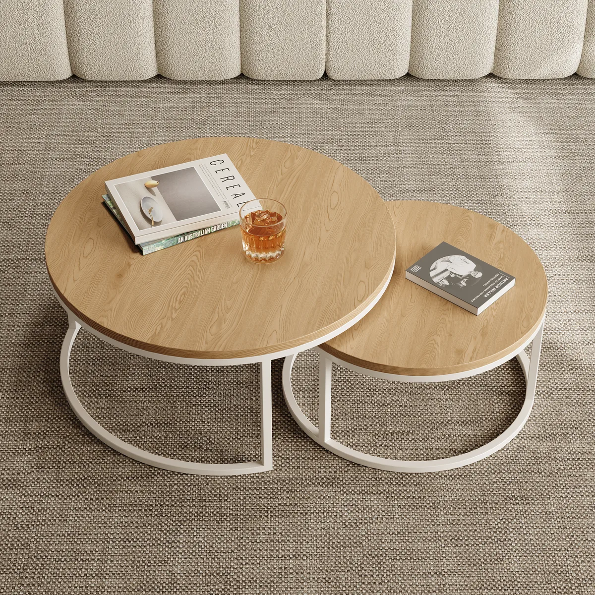 Fero Round Nesting Coffee Table Set of 2, Light Oak Top & White Metal Frame, Modern Scandinavian Style, for Living Spaces, (800mm-600mm) — image 2