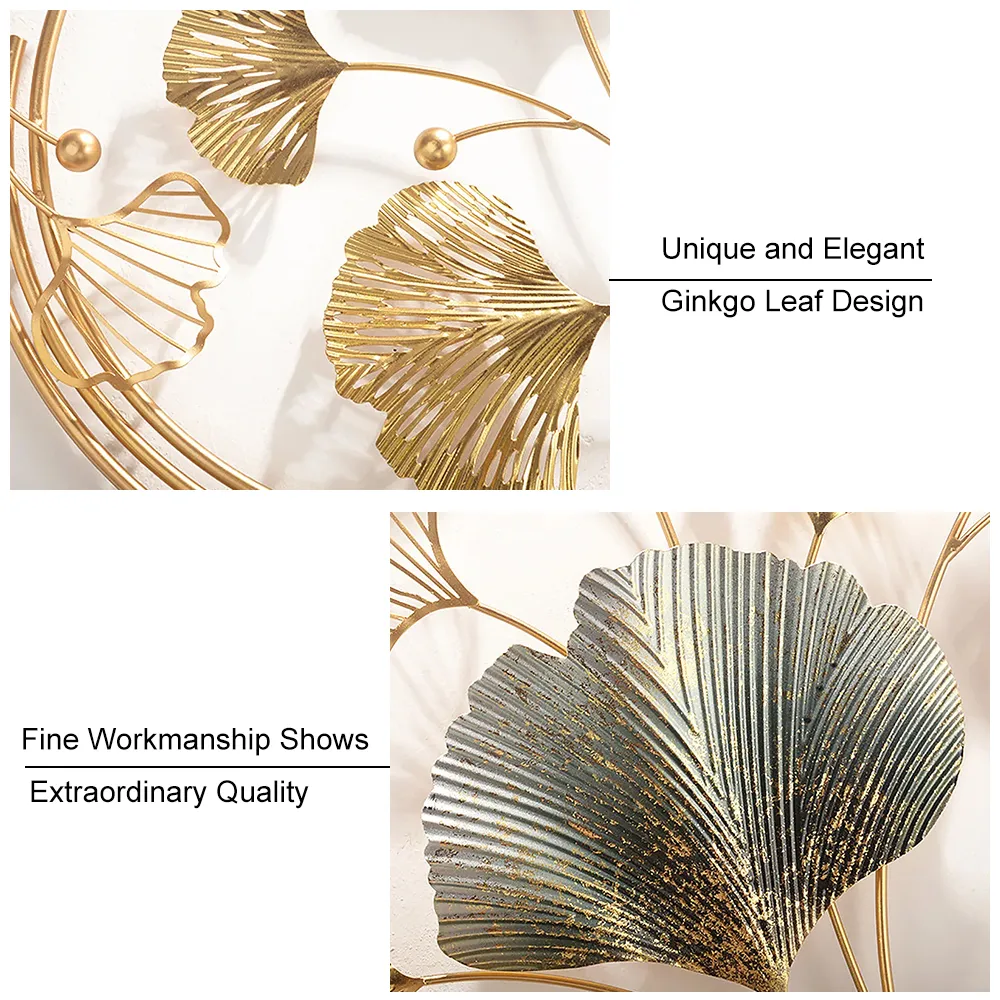 Modern 3D Hollow-out Ginkgo Leaves Wall Decor Home Metal Round Wall Art in Gold & — image 7