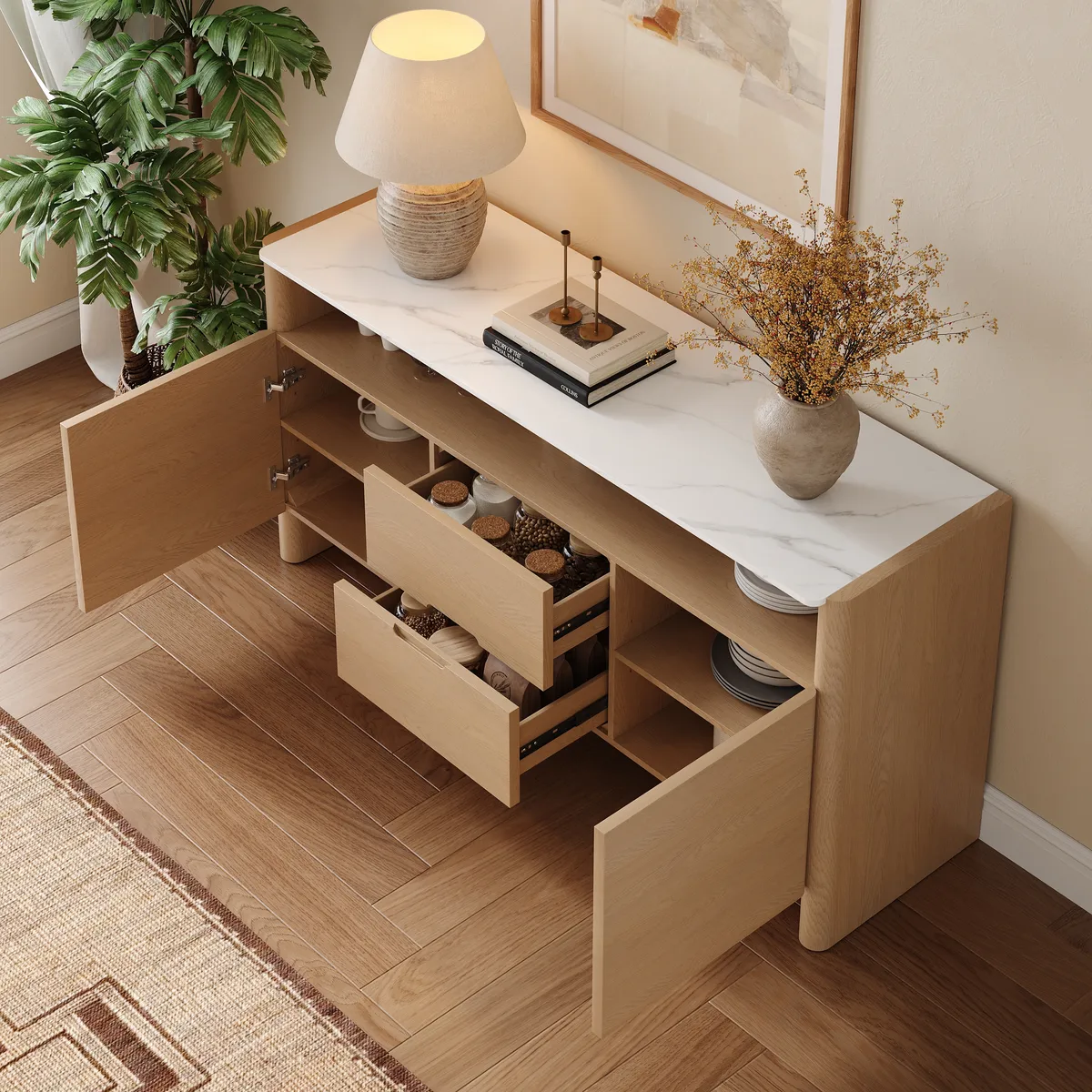Arvona 63" Sintered Stone Sideboard with Open Storage & Adjustable Shelves — image 3