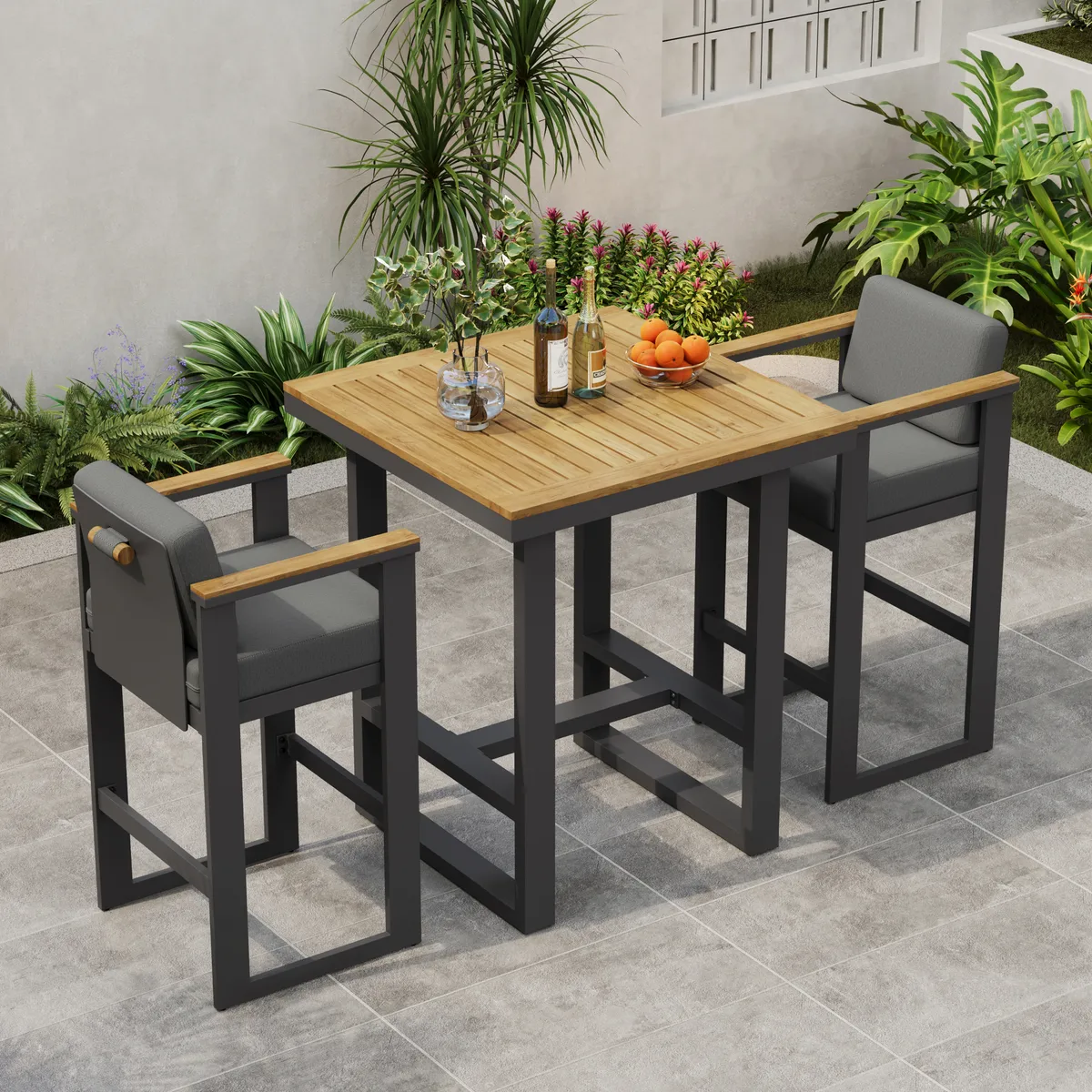 Tevara Teak Wood Modern Outdoor Bar Set Sand Frame & Warm White Cushion