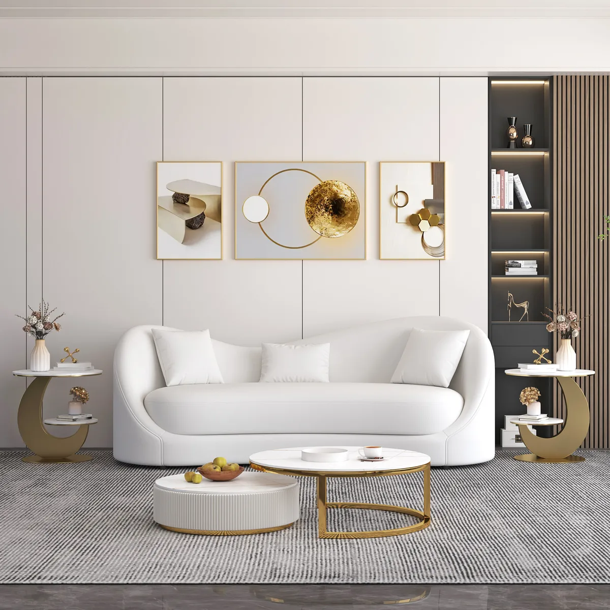 Round Faux Marble 2 Tier End Table Modern White & Gold Side Table — image 15