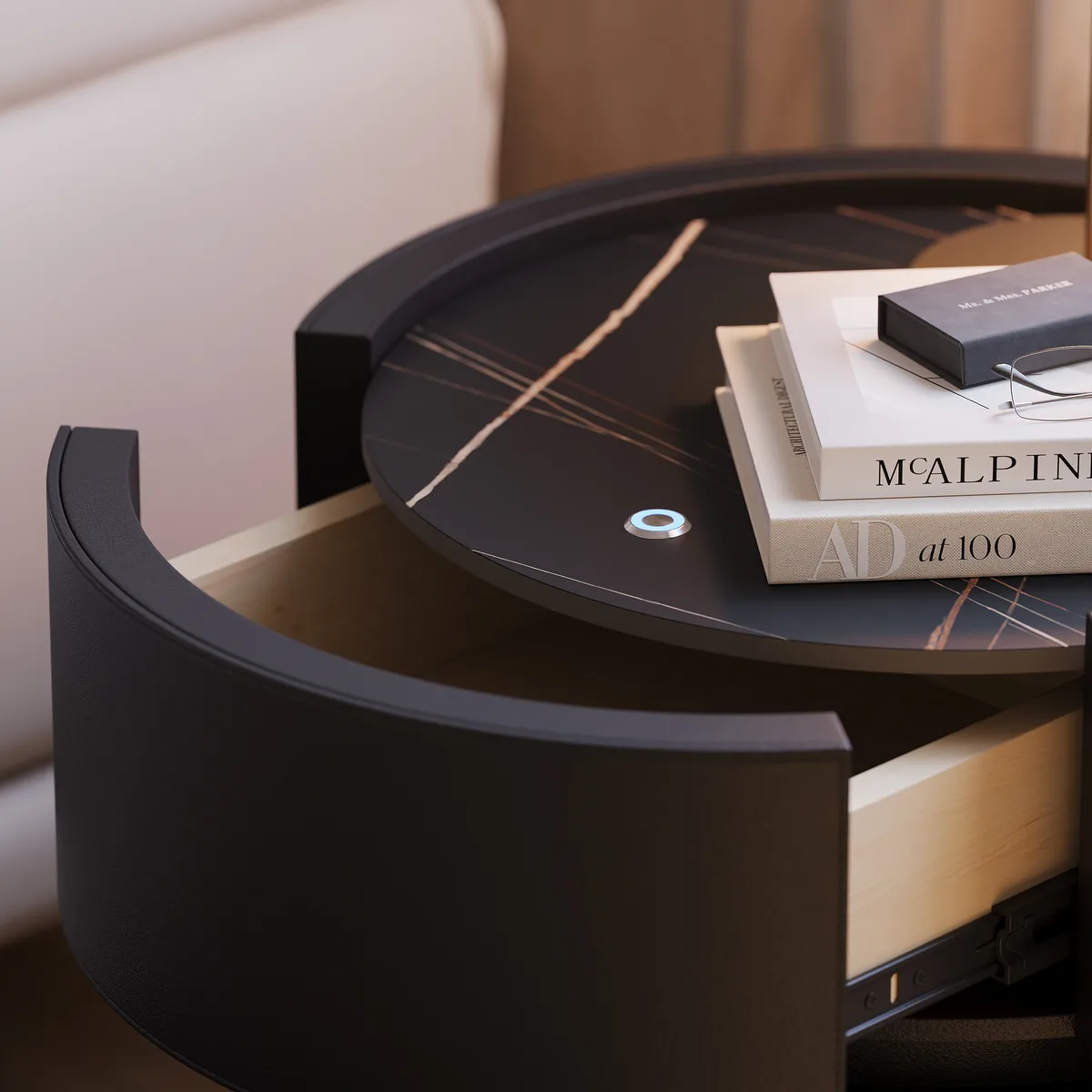 Round Saddle Leather Nightstand with Wireless Charging Bedside Table — image 18