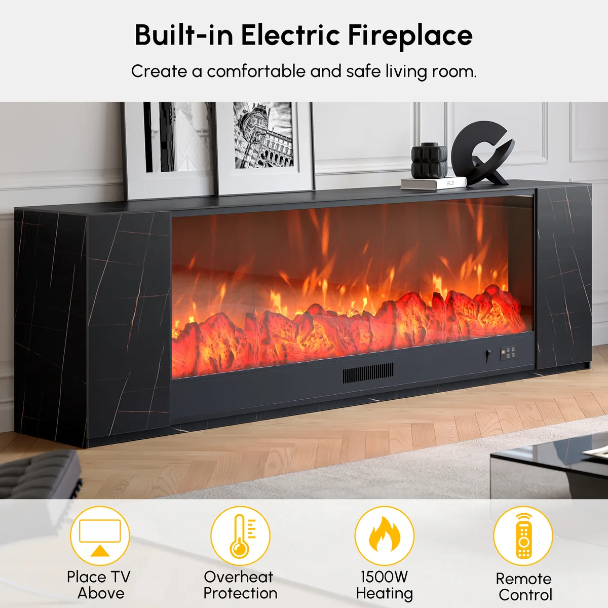 71" Sintered Stone Electric Fireplace TV Stand with Remote Control — image 15