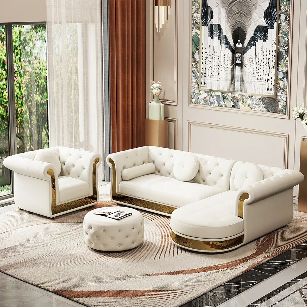 Dodiy Modern L-Shaped White Tufted Corner Sectional Sofa 6-Seater with Ottoman & Pillows — image 3