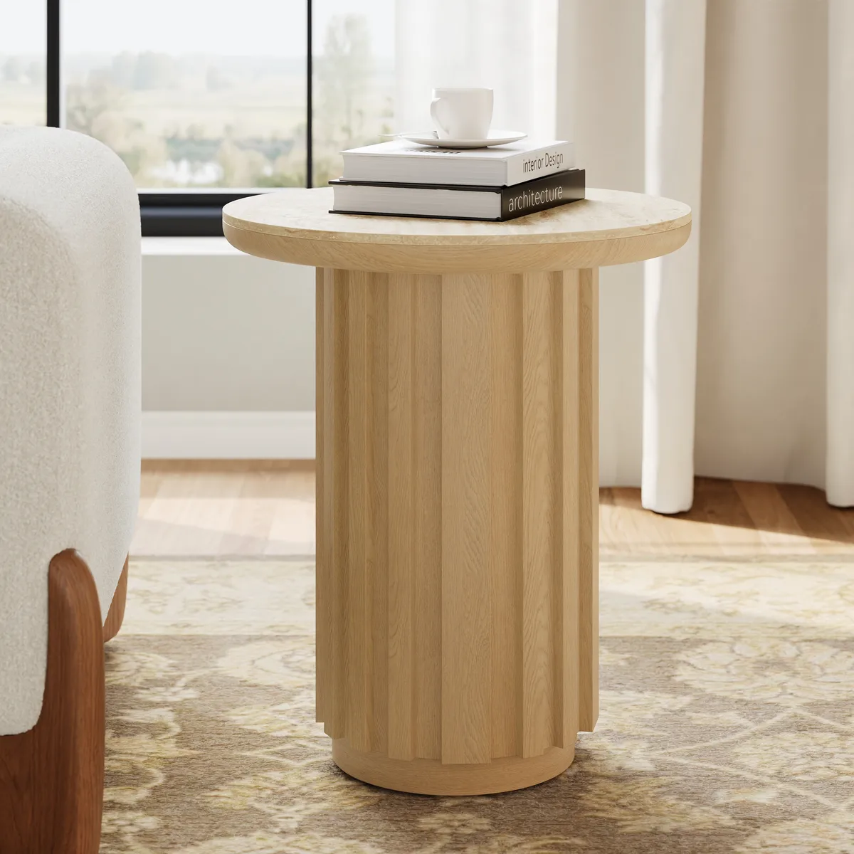 Aura Ash Wood Fluted Round Side Table with Sintered Stone Top — image 13