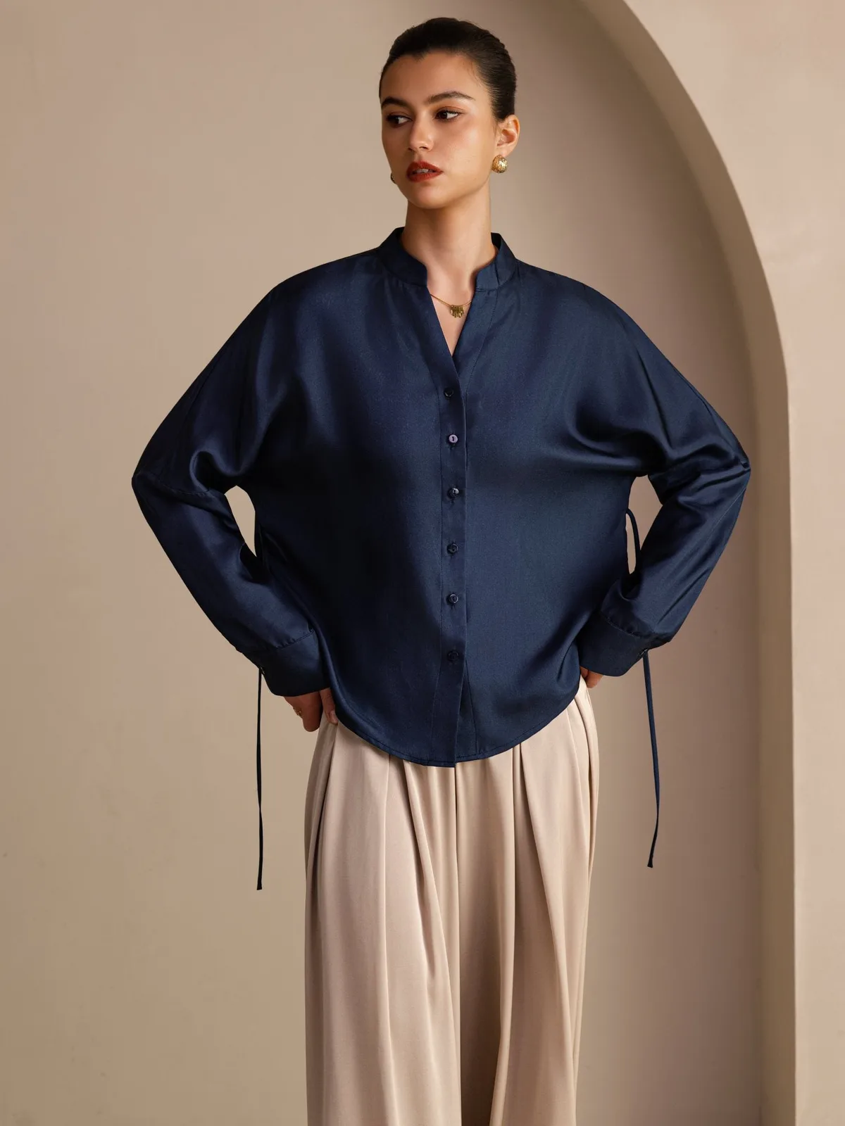 100% Mulberry Silk Women’s Split Neck Long Sleeve Blouse With Drawstring