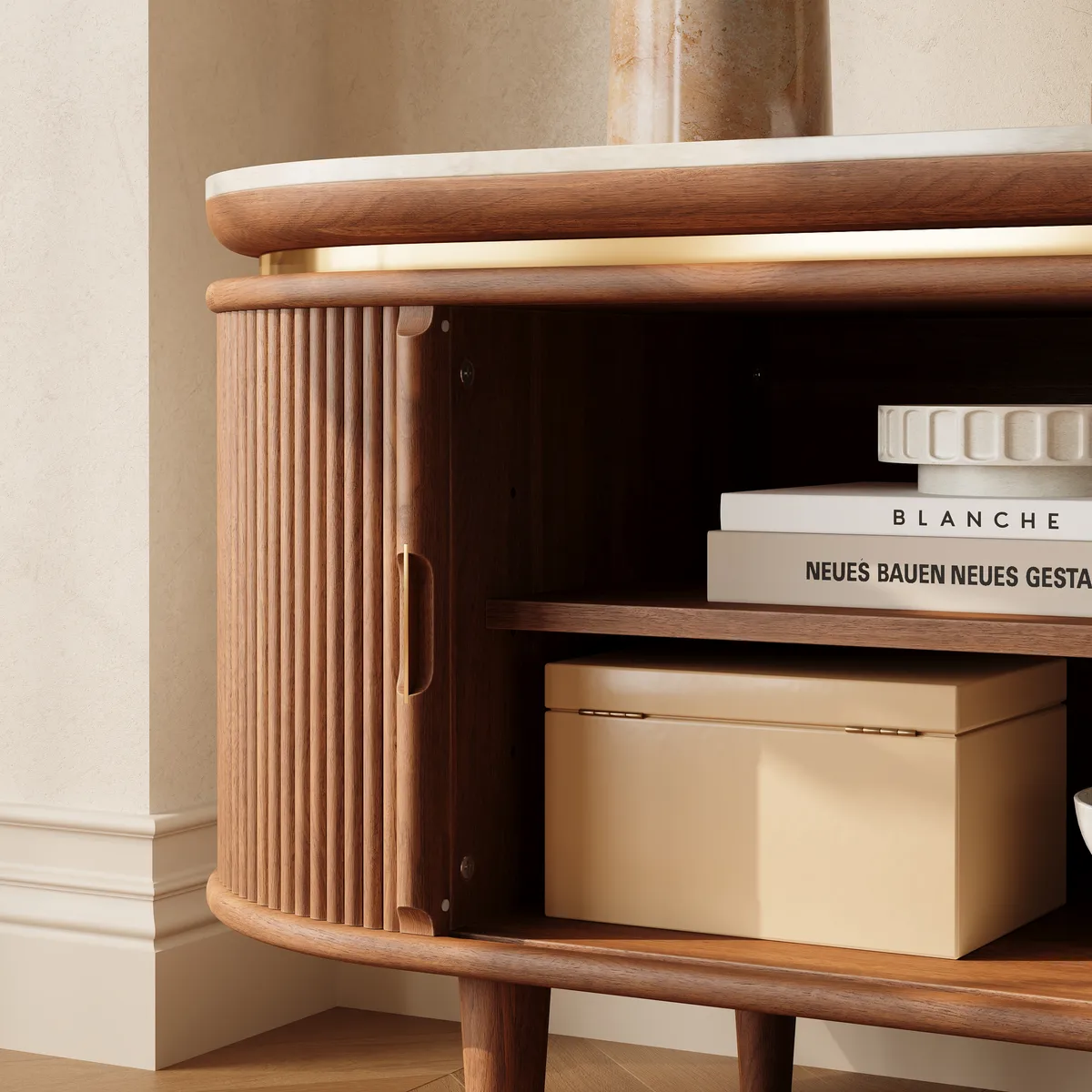 79" Ash Wood Walnut Fluted TV Stand with Sintered Stone Top — image 7