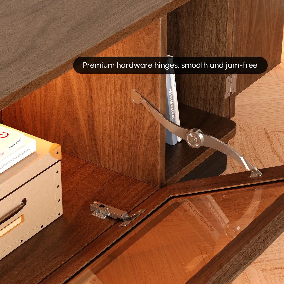79'' Glass Door TV Stand Mid Century Modern Wood Media Console with Storage & LED — image 27