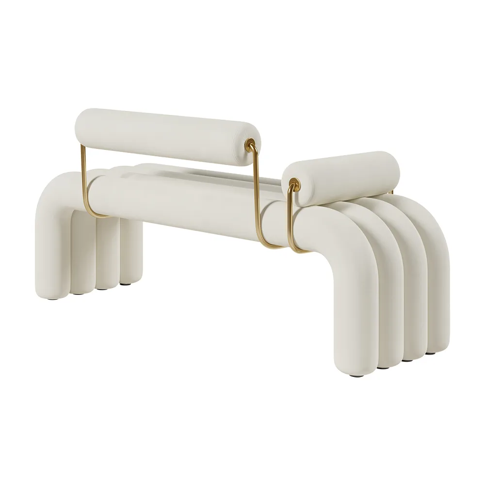 Modern White Line Tufted Bench Velvet Upholstered Entryway Bench in Gold Finish — image 9