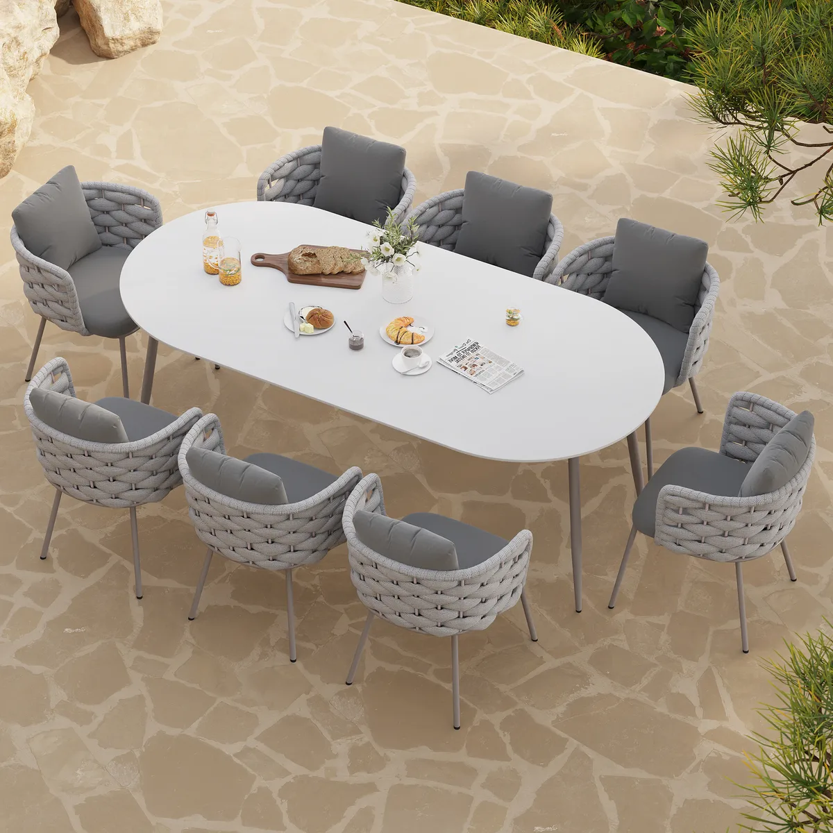 7 PCS 70.9'' Outdoor Sintered St Top Dining Table Set with 6 Rope Woven Armchairs Modern Yard & Patio Dining Furniture Set for 6 Person with Armchairs — image 11