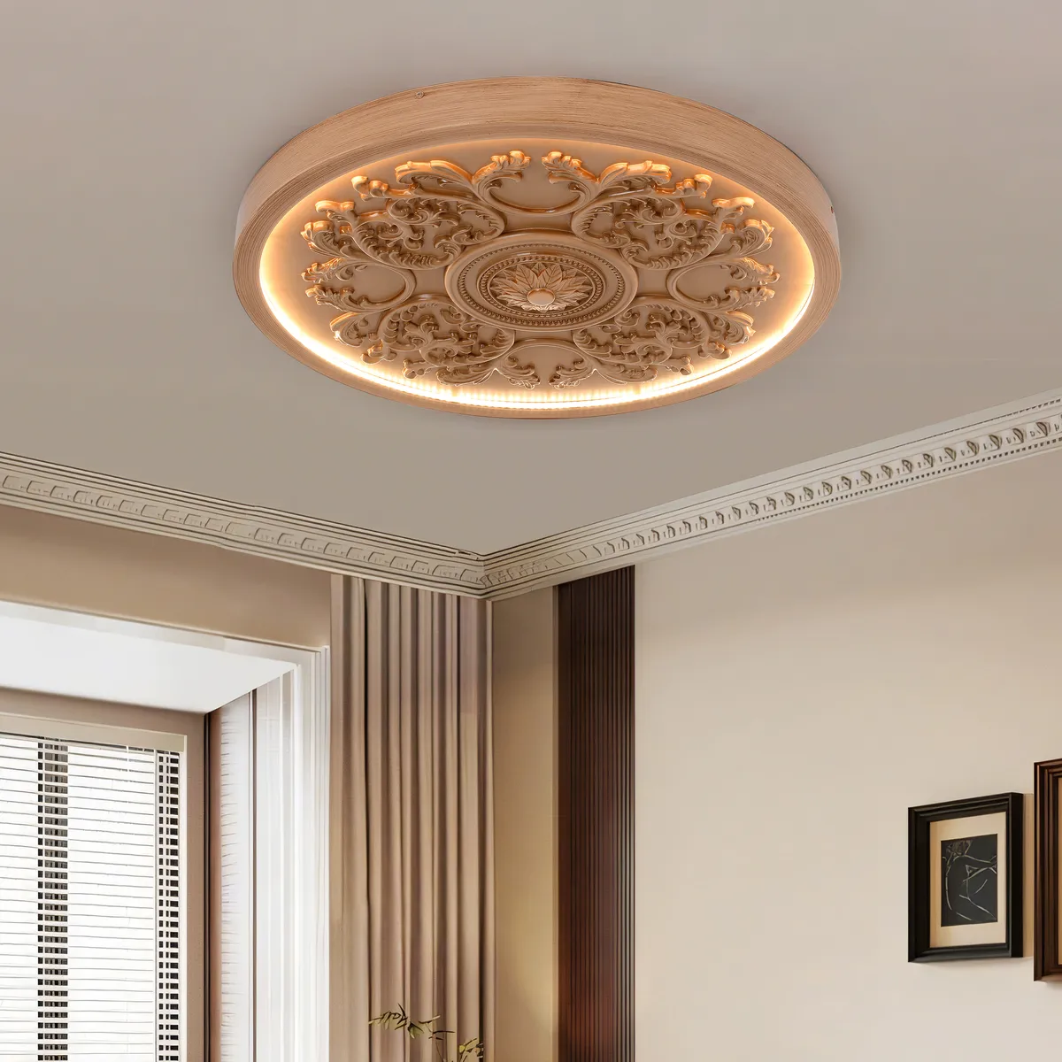 French Elegant White Resin 3D Carved LED Dimmable Flush Mount Ceiling Light — image 18