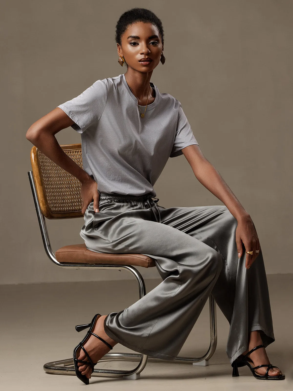 100% Mulberry Silk Wide Leg Women's Pants with Elastic Waist Design — image 3
