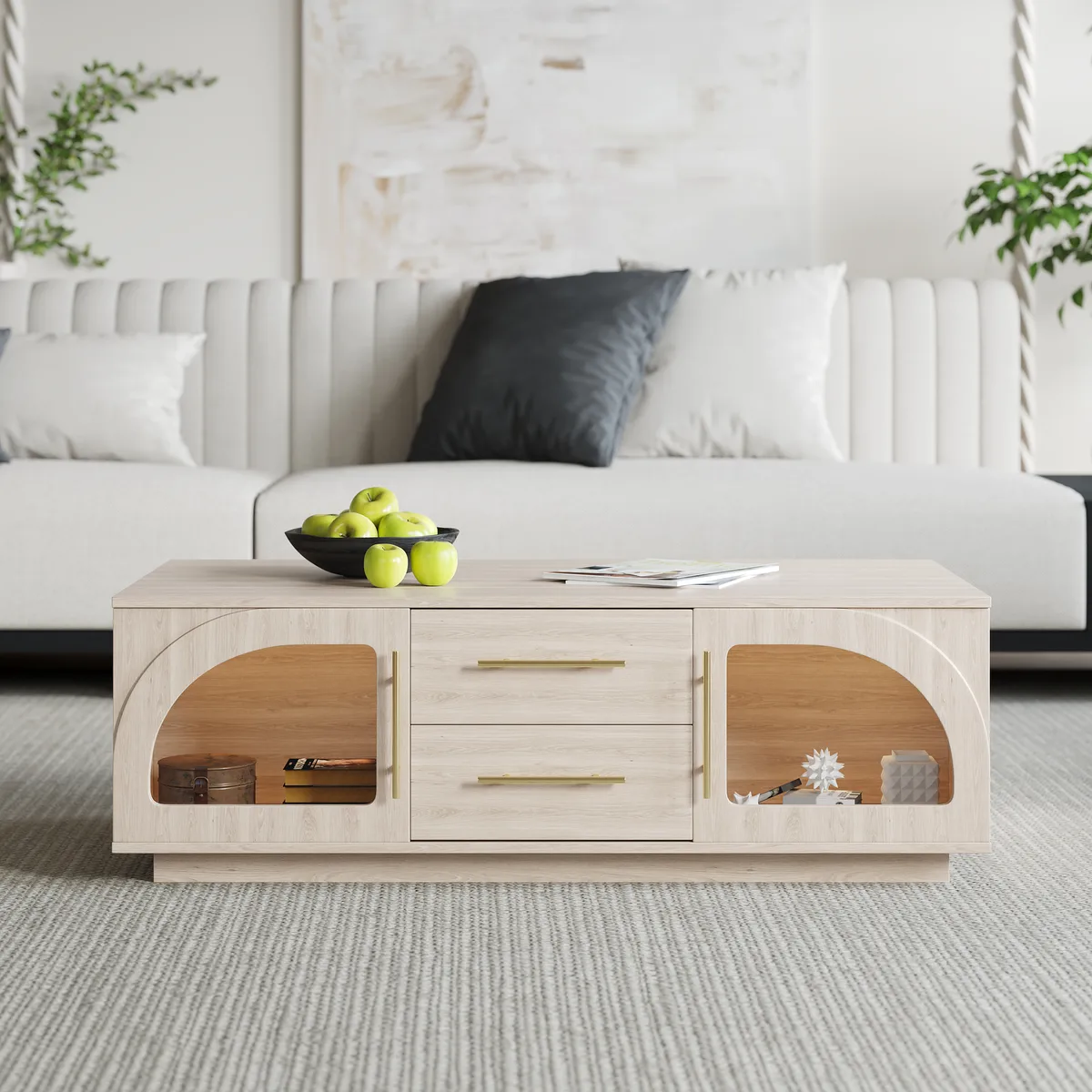 Arune 72" Japandi Whitewash TV Stand Coffee Table Set with LED Lights and Arched Glass Cabinet Doors — image 7