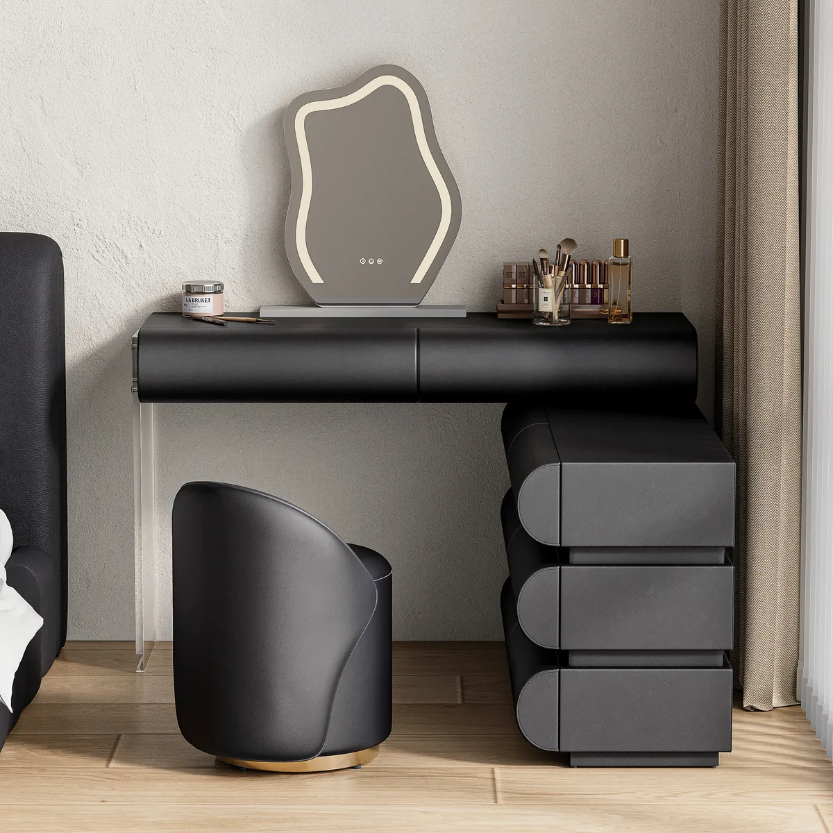 modern white PU leather dressing table set with stool and LED mirror — image 3