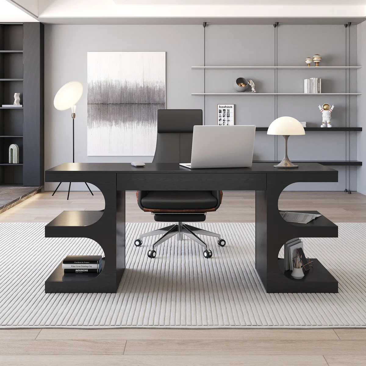 64.2" Black Wooden Writing Desk & Reclining Leather Office Desk Chair Set