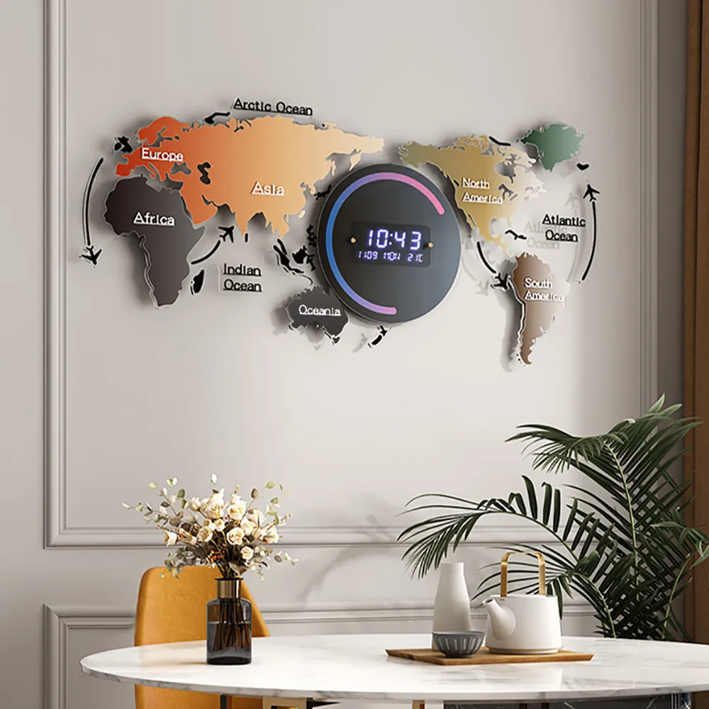Modern Large Multifunctional World Map Wall Clock Decor With LED Digital Display Screen — image 5