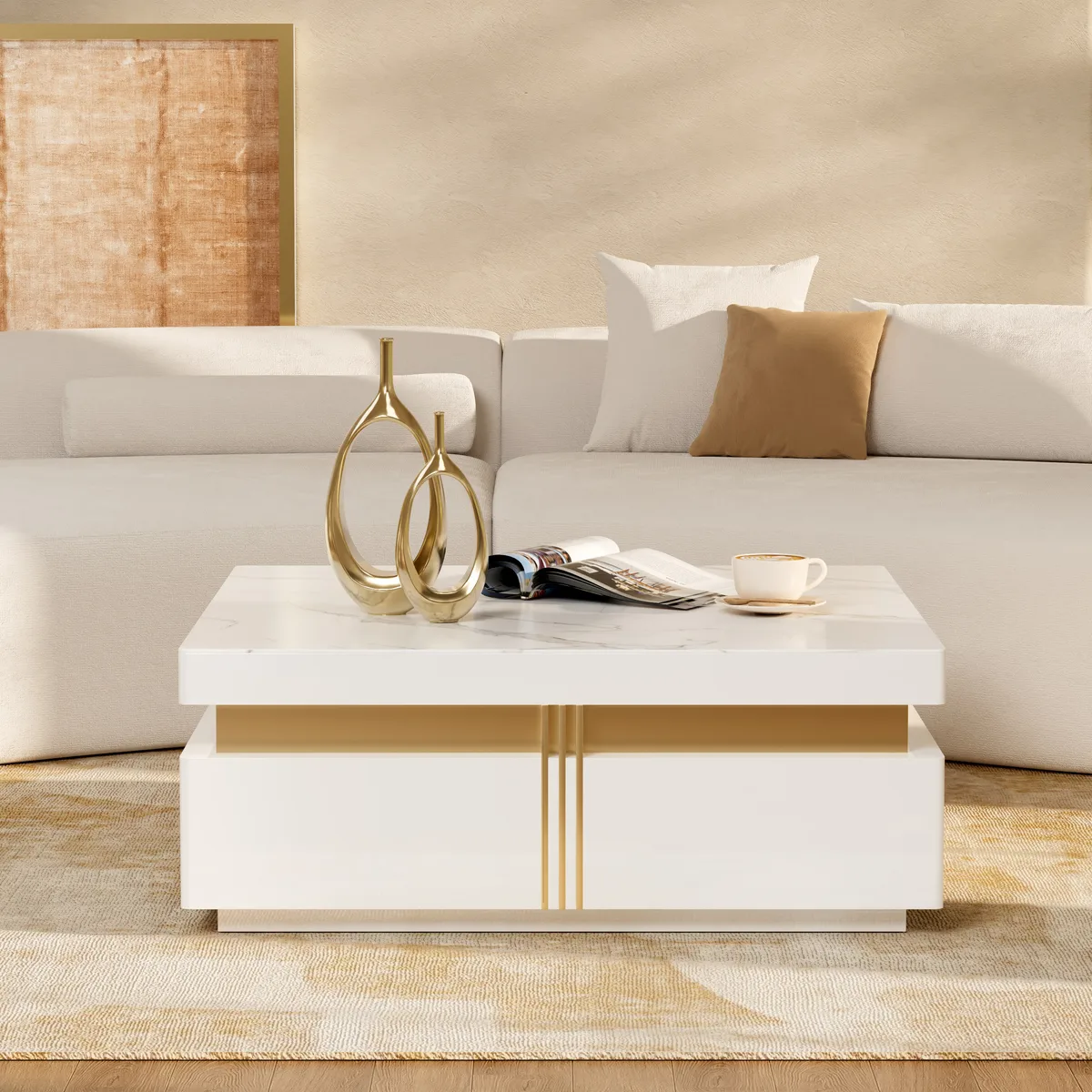 Trimied 43" Modern Black Square Storage Coffee Table Stone Top & 4 Wood Drawers — image 12
