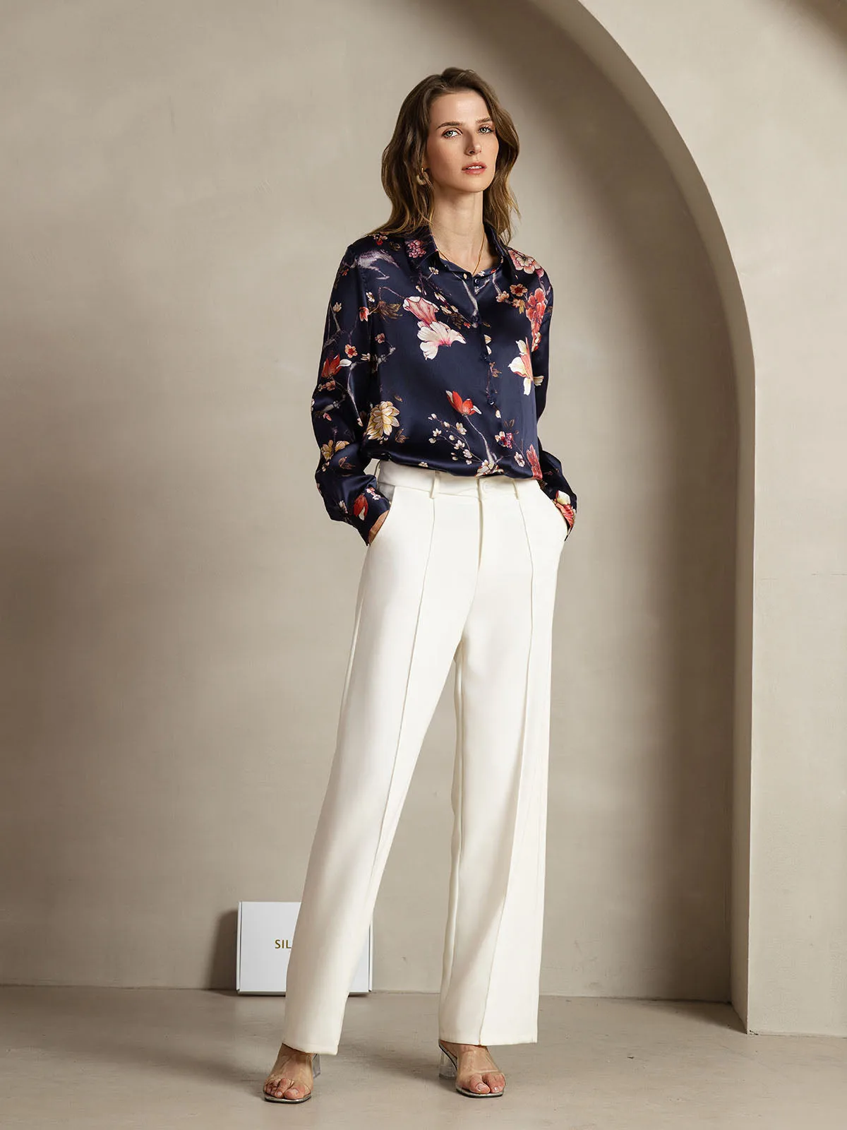 19Momme Silk Navy Floral Print Long Sleeve Lapel Collar Women's Shirt — image 3
