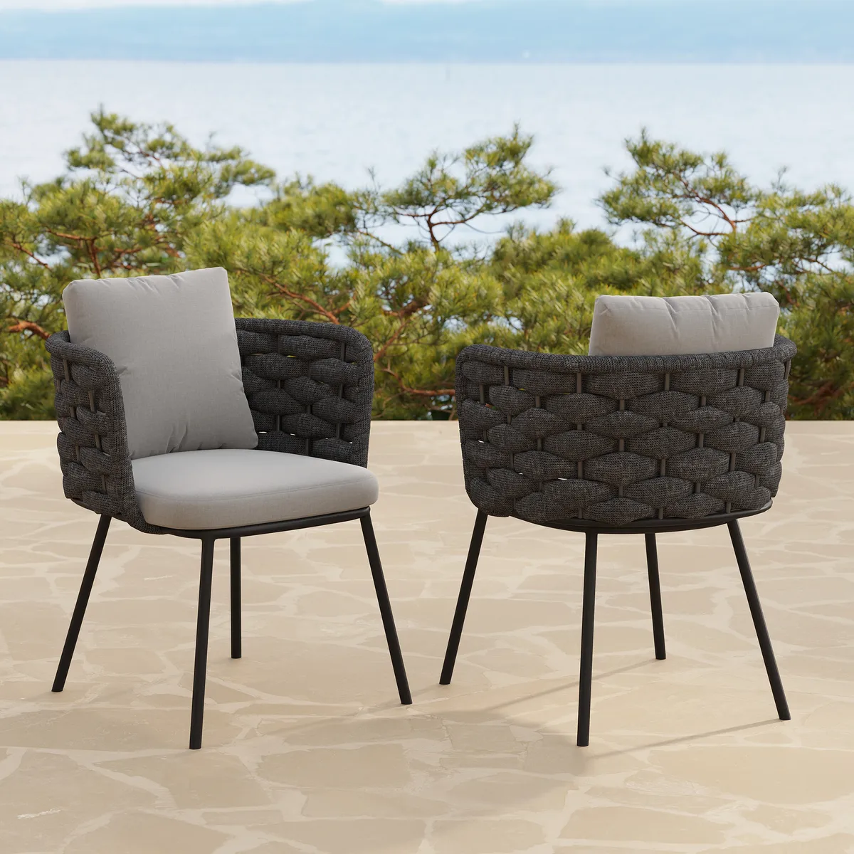 Set of 2 Modern Dark Gray Aluminum Rattan Outdoor Dining Chairs with Armrests – Durable & Weather-Resistant for Patios, Gardens, or Balconies