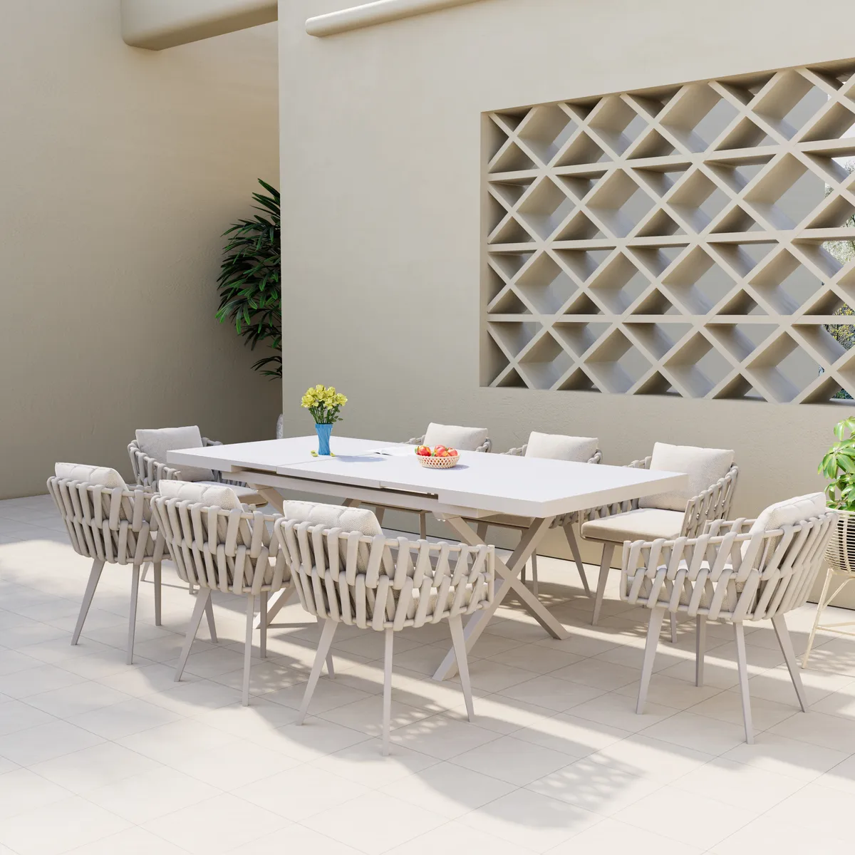 7-Piece Outdoor Extendable Dining Set with 6 Rope Weave Chairs in Gray(64"-84") — image 27