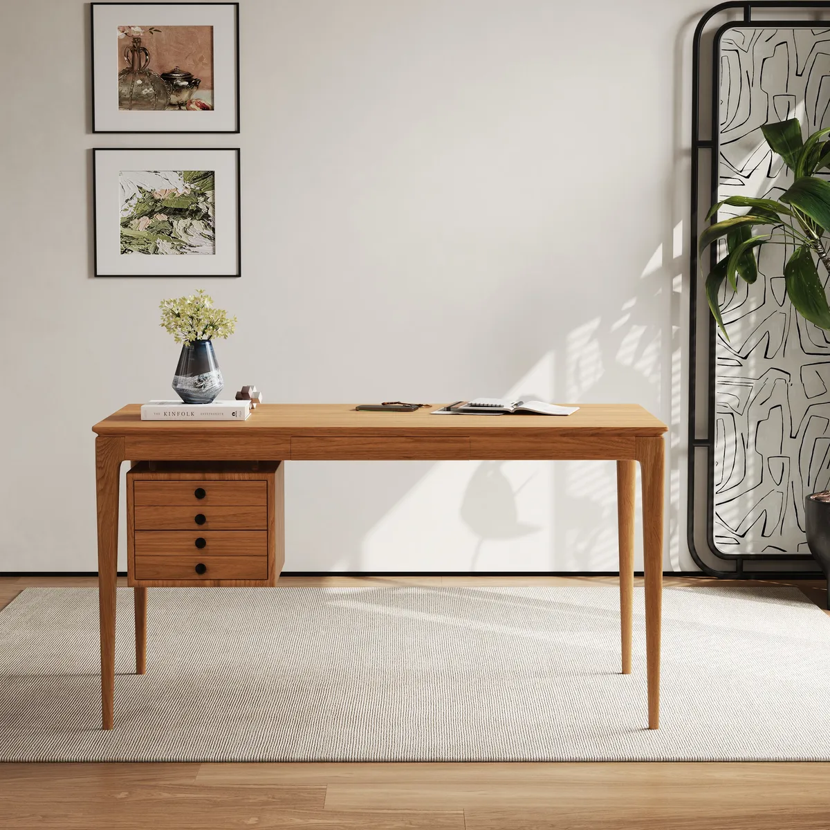 Mid-Century Style 55.1" Whitewash Ash Wood Home Office Desk with 3 Storage Drawers and Metal Accents — image 22