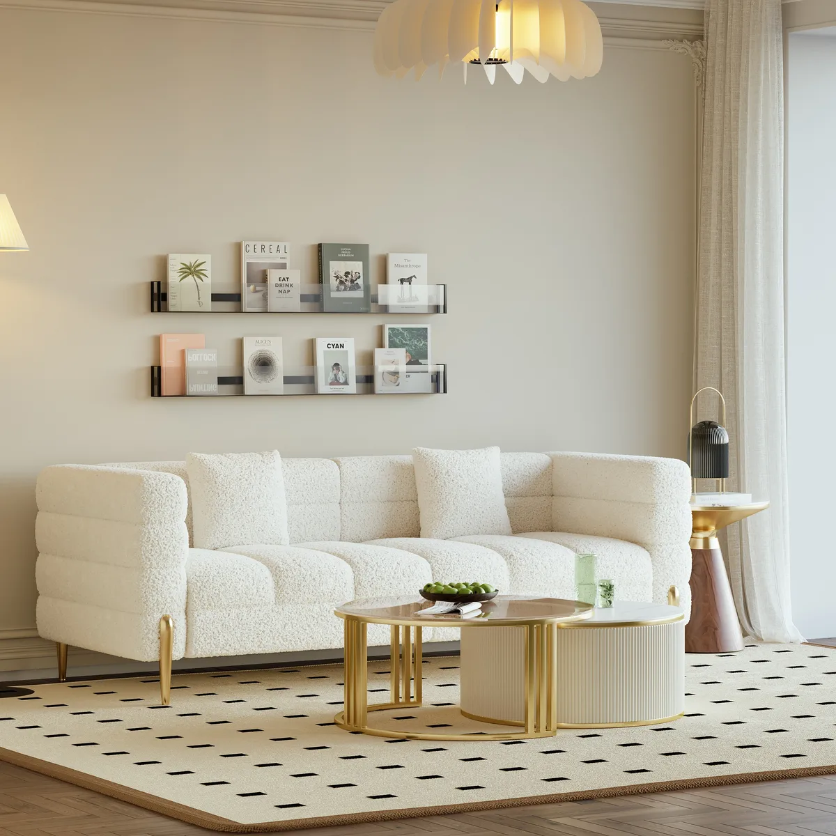 78.7" Modern White Boucle Upholstered Fluted 3-Seater Sofa for Living Room with Pillow White Boucle Accent Chair Modern Modular Armchair — image 4