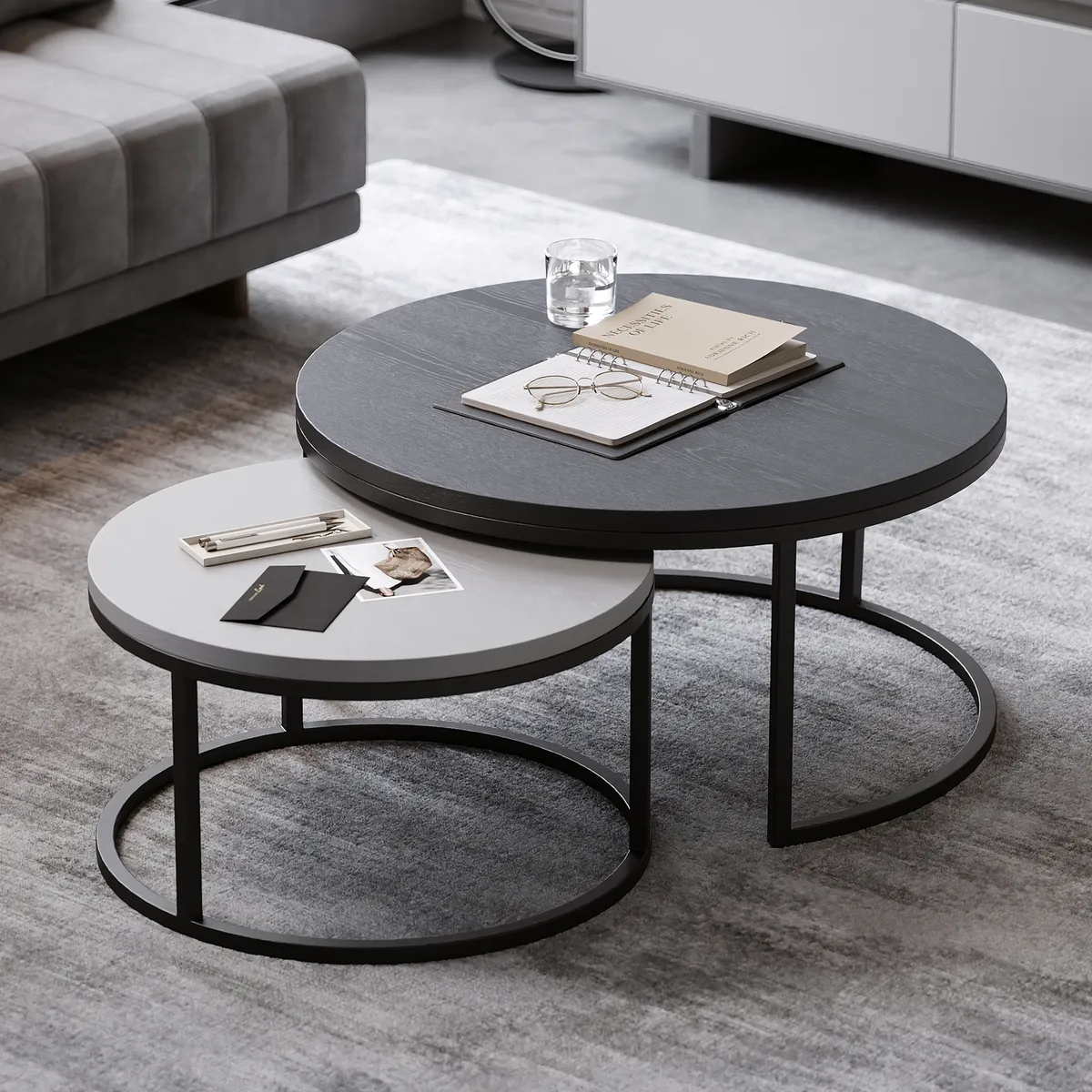 Living Room Cabinet Set Rectangle Gray Extendable TV Stand & Wood Round Nesting Coffee Table — image 19