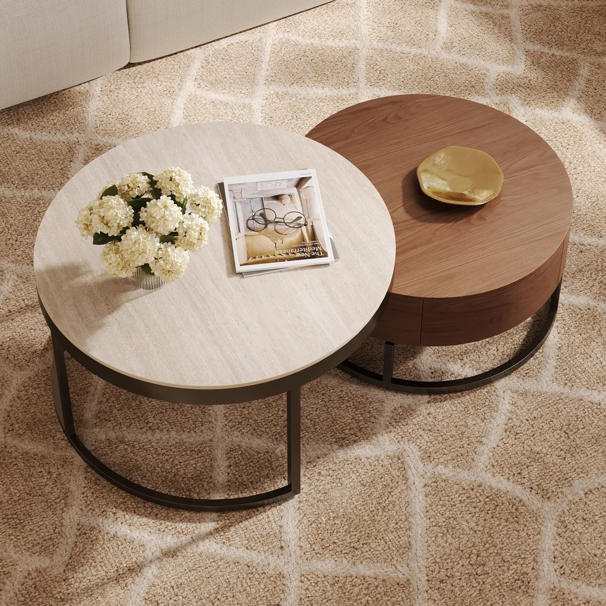 Nesnesis 28"-32" Round Nesting Walnut Coffee Table Set with Sintered Stone Top — image 4