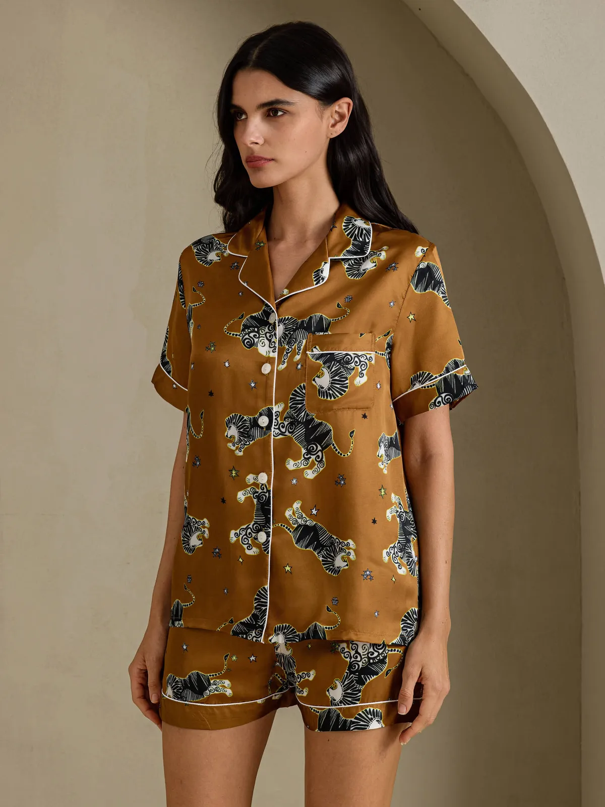 100% Mulberry Silk Women's Lion Print Short Sleeve Pajama Set — image 3