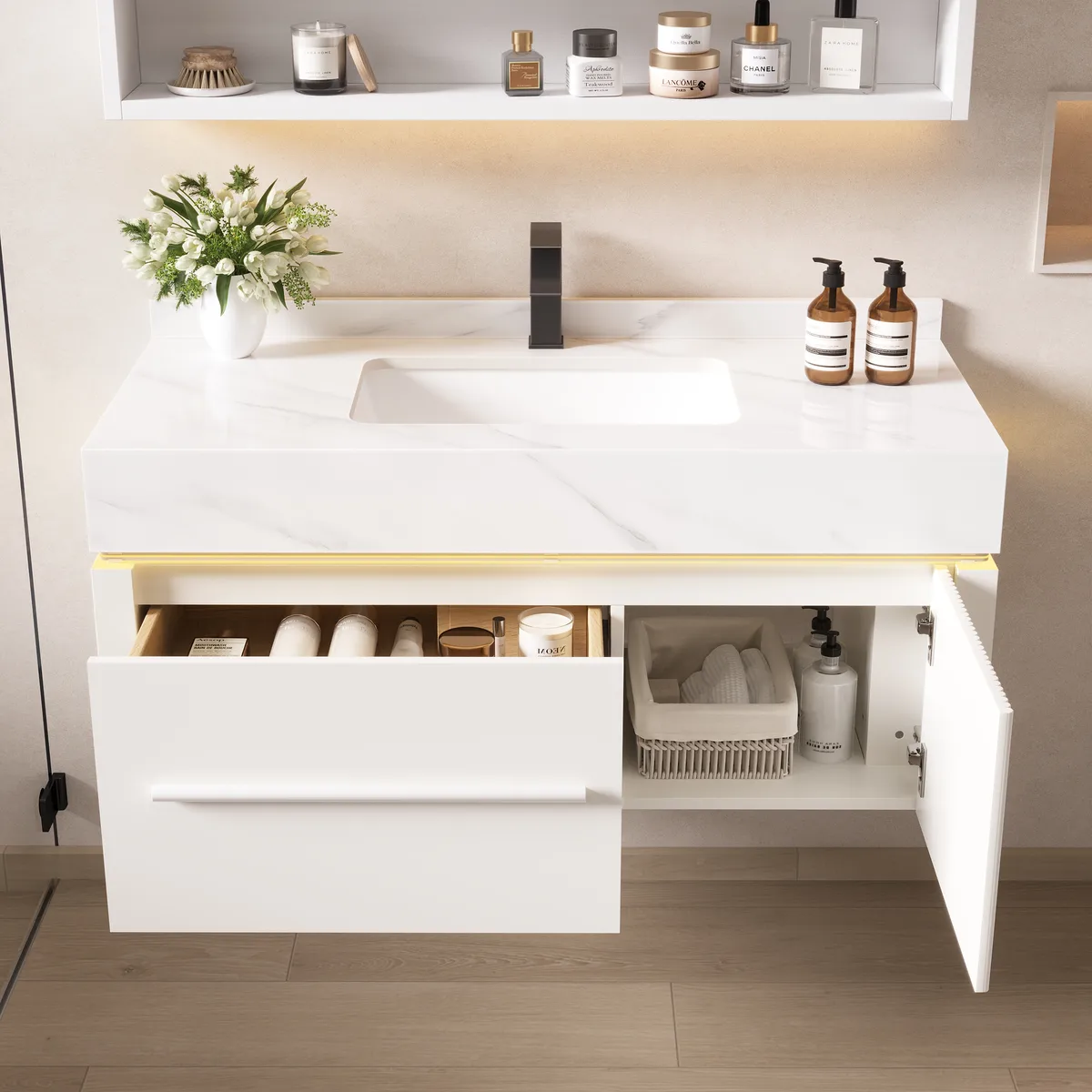 39.4" Wall-Mounted Bathroom Vanity with Sintered Stone Top, LED Sensor Light — image 5