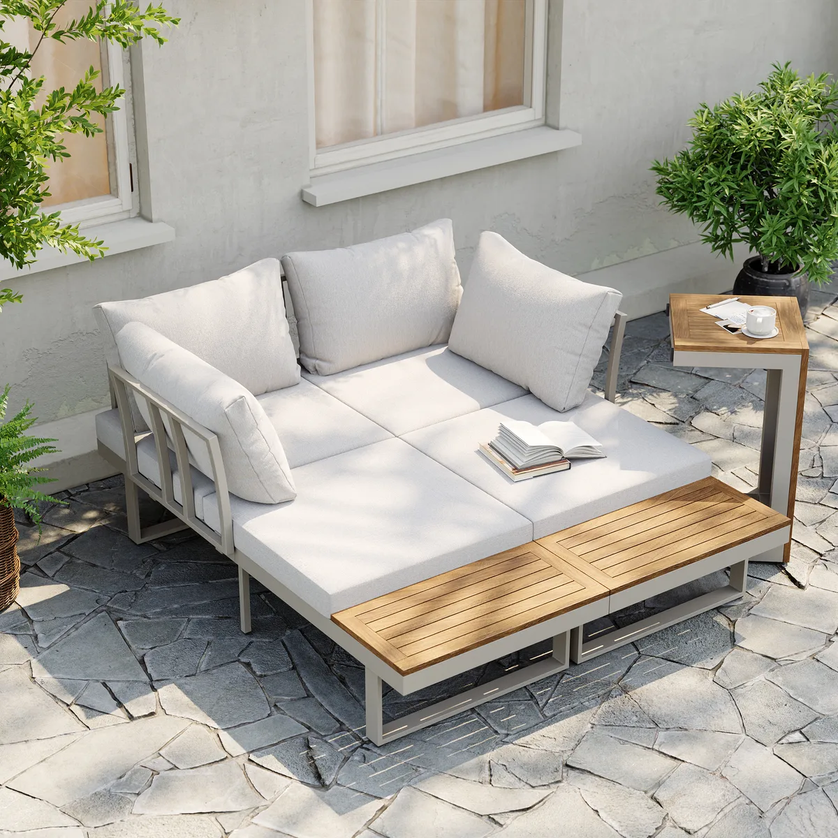 Slatera Outdoor Acacia & Aluminum Modular Sofa Set in Dark Gray with Black Cover — image 16
