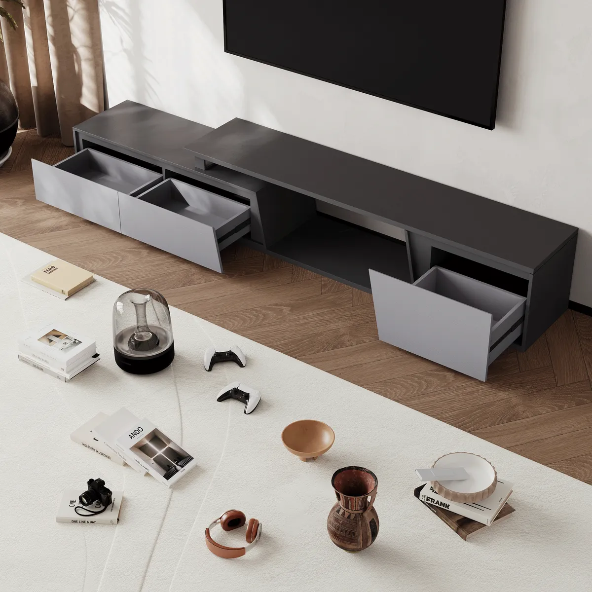 Fero Minimalist Rectangle Gray Extendable TV Stand with 3 Drawers Up — image 17