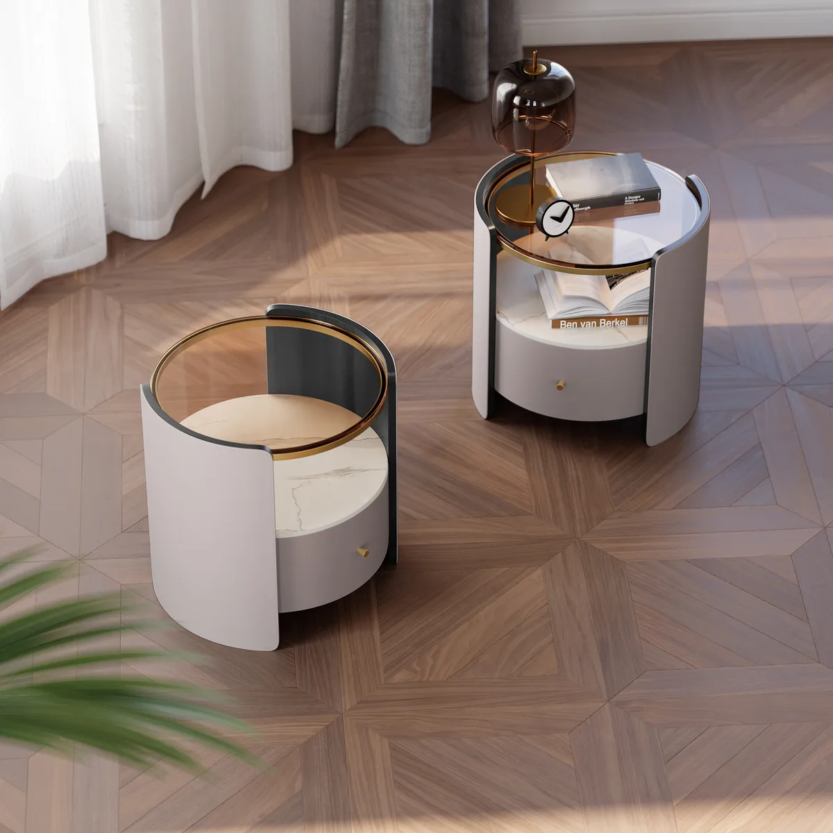 Modern Round Gray Leather Nightstand with Glass Top & Sintered Stone Bedside — image 3