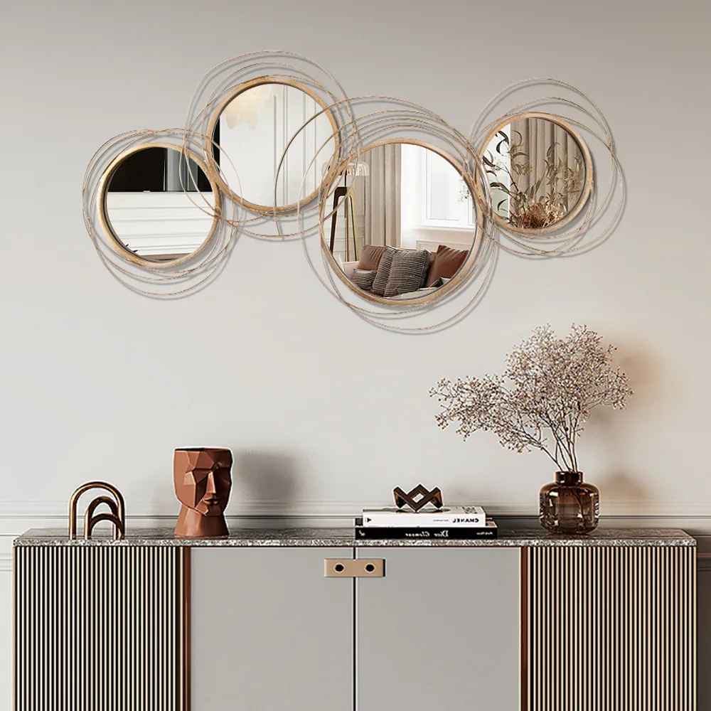 Modern Luxury Large Gold Round Wall Mirror Creative 3D Overlapping 4 Rings Metal Decor — image 2