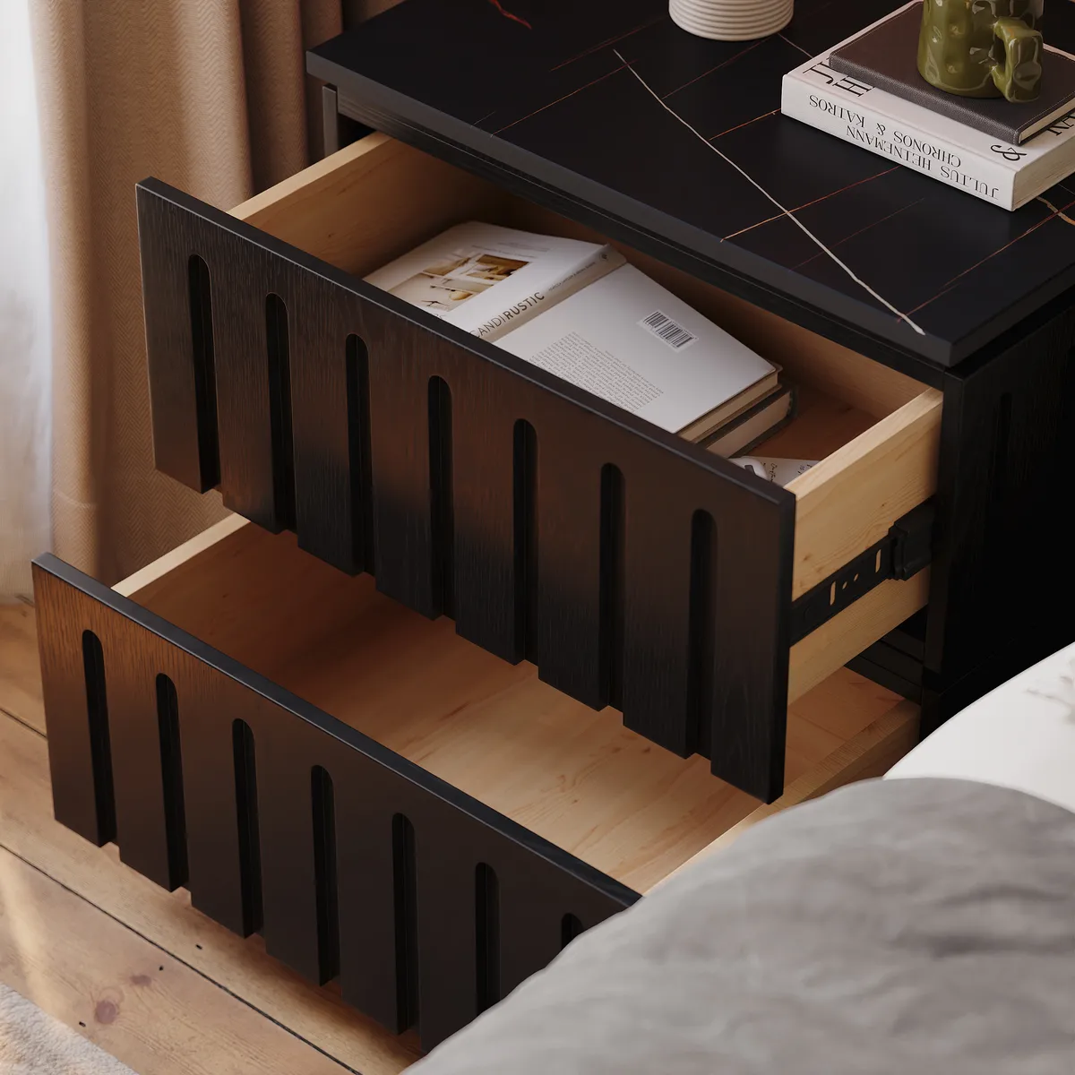 Modern Ash Wood 2-Drawer Nightstand with Faux Travertine Top — image 17
