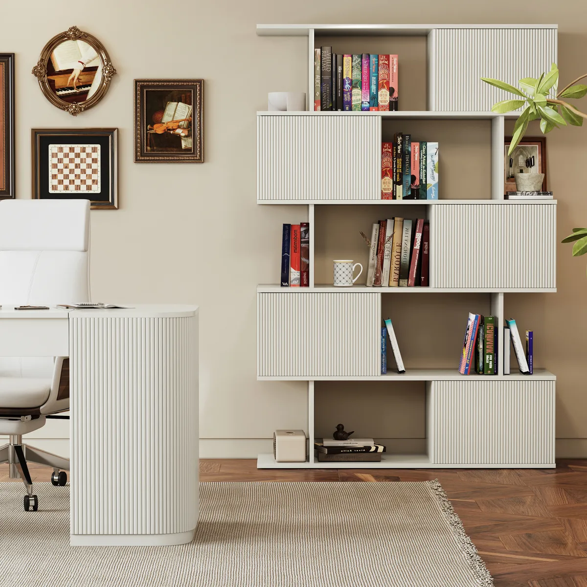 Modern 60" Black Standing Office Desk & Sliding Door Etagere Bookshelf — image 24