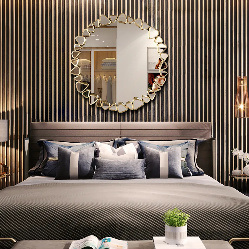 23.6" Modern Large Gold Round Pebble Wall Mirror Decor with Geometric Frame Living Room — image 8