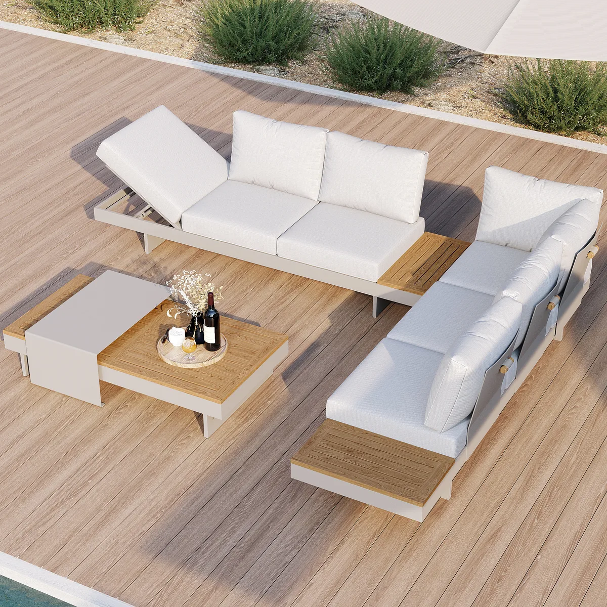 Tevara 7-Piece Outdoor Teak & Aluminum Modular Sofa Set for 6 with Ivory Cover