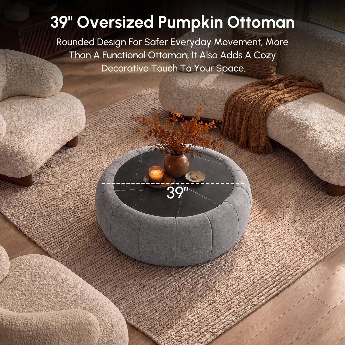 Modern 39" Round Performance Leather Ottoman Coffee Table with Hidden Storage — image 10