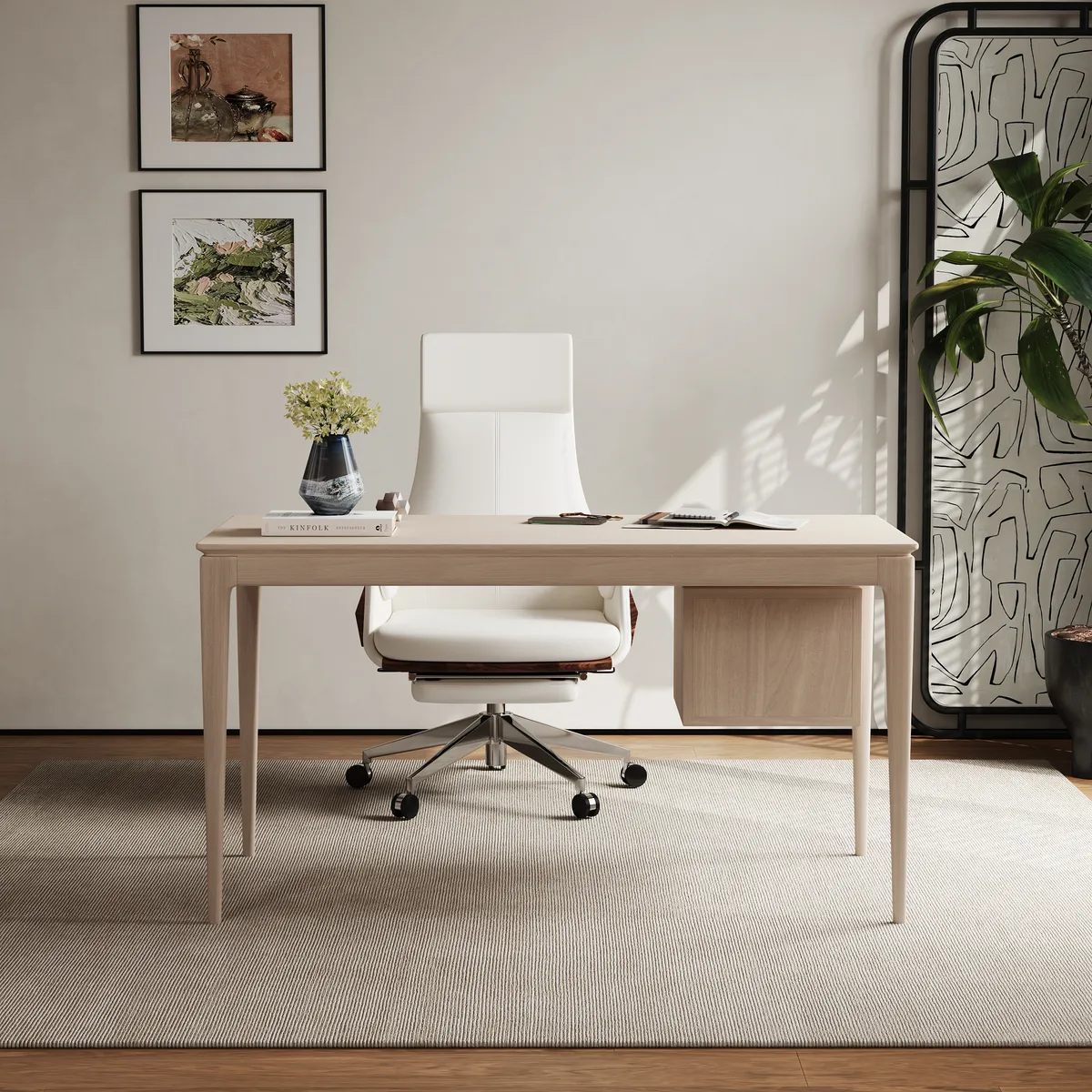 Mid-Century Style 55.1" Whitewash Ash Wood Home Office Desk with 3 Storage Drawers and Metal Accents — image 5