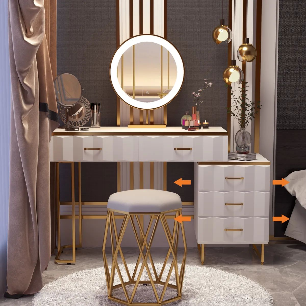Modern White Extendable Makeup Vanity 5 Drawers Dressing Table Set with Stool and Mirror — image 15