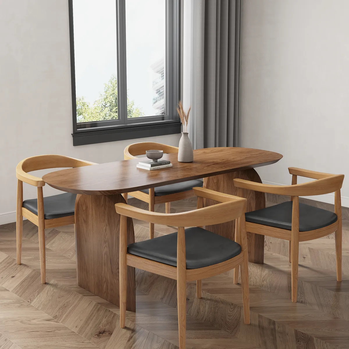 Dining Table Set 70.9" Oval Solid Wood Dining Table & 4 Walnut Japandi Rattan Dining Chairs — image 14