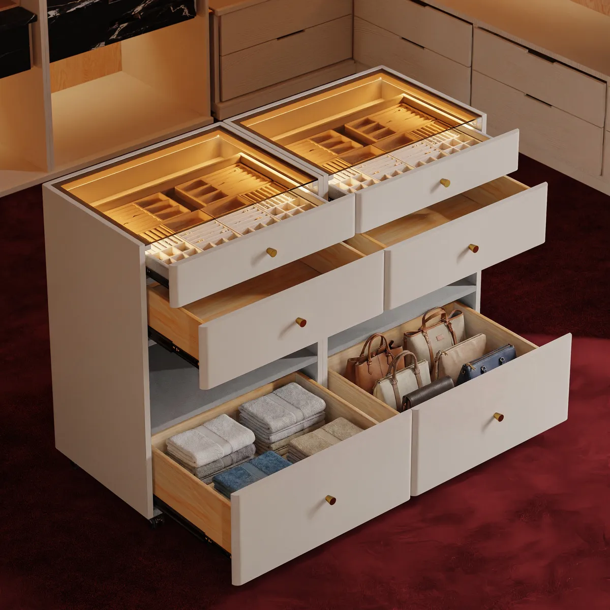 Walk-In Closet Island Jewelry Dresser with Glass Top & Light — image 11