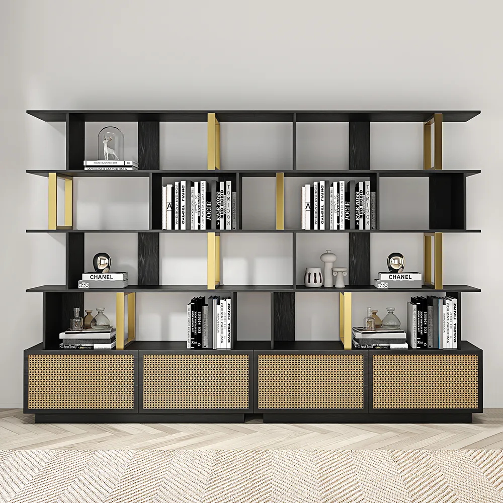 5-Tier Black Wood Bookshelf with 2 Doors Modern Bookcase in Gold Finish — image 5