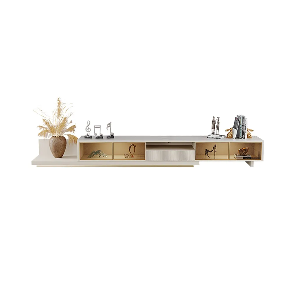 LED Light Extendable TV Stand Light Khaki Floor Media Console with Glass Door & Drawers — image 16