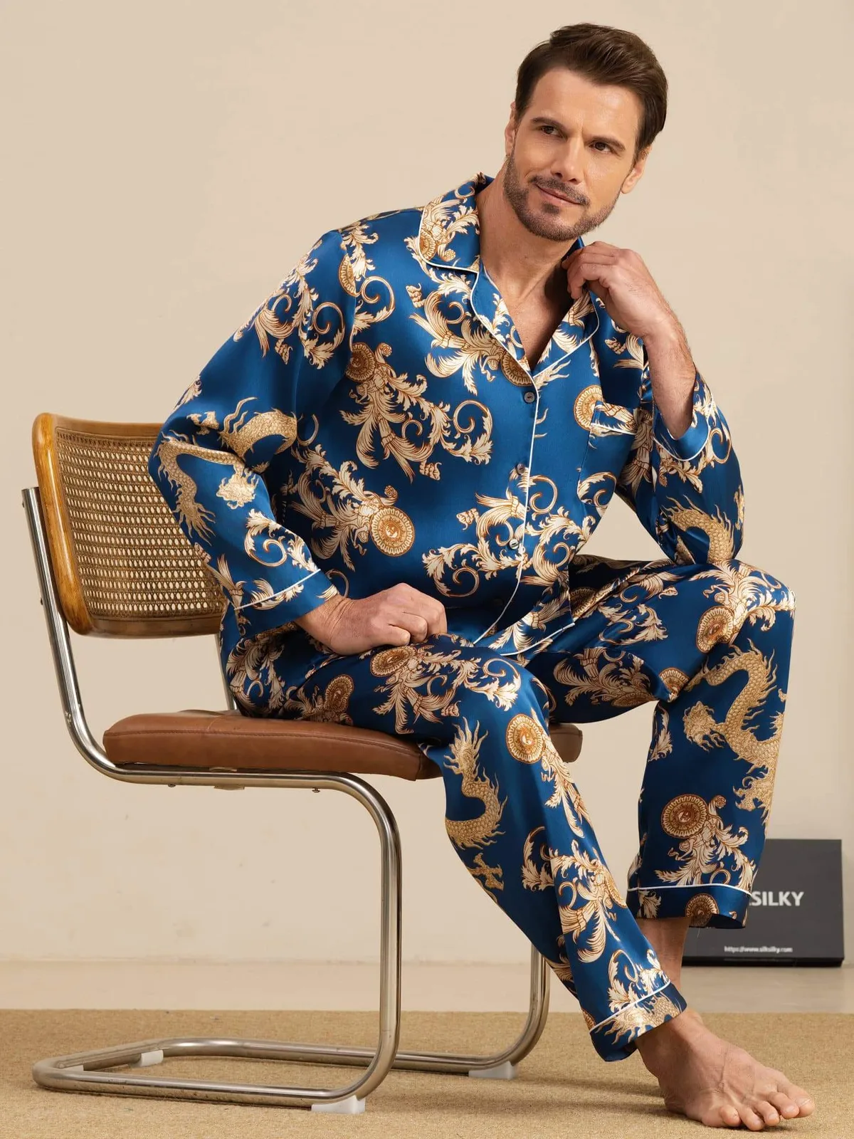 100% Mulberry Silk Men's Dragon Print Long Sleeve Notch Collar Pajamas Set