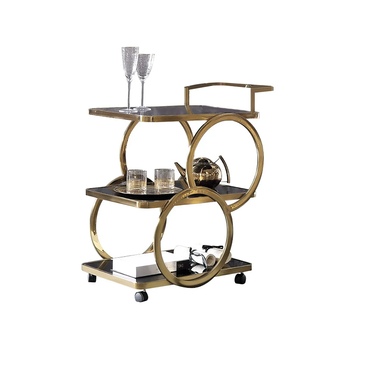 Rolling 3-Tier on Wheel Bar Cart with Handle in Black & Brushed Gold Style — image 6