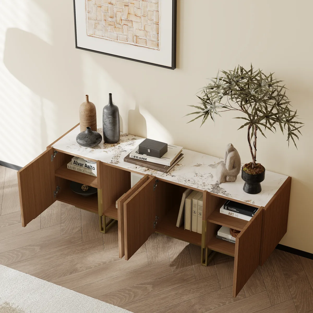 87" Stone Top Walnut TV Stand Minimalist Media Console with 4 Doors & 6 Shelves — image 24